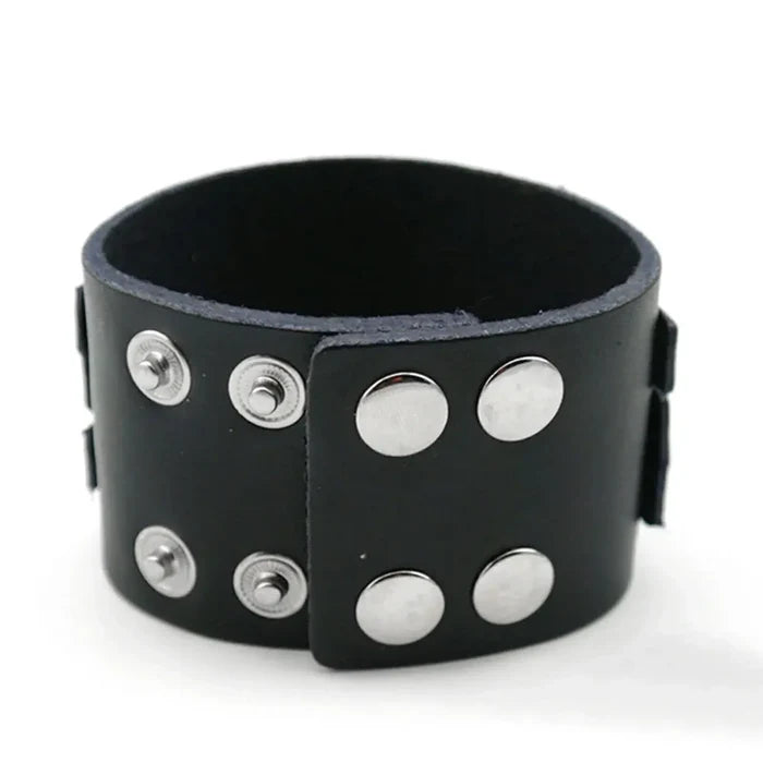 Black Leather Silver Straps Cuff Bracelet