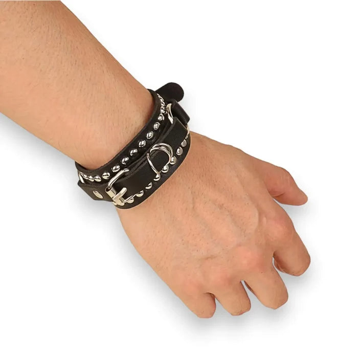 Black Leather Silver Studs Cuff Bracelet rivets, D-rings, and adjustable buckle, unisex