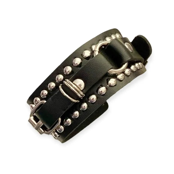 Black Leather Silver Studs Cuff Bracelet rivets, D-rings, and adjustable buckle, unisex