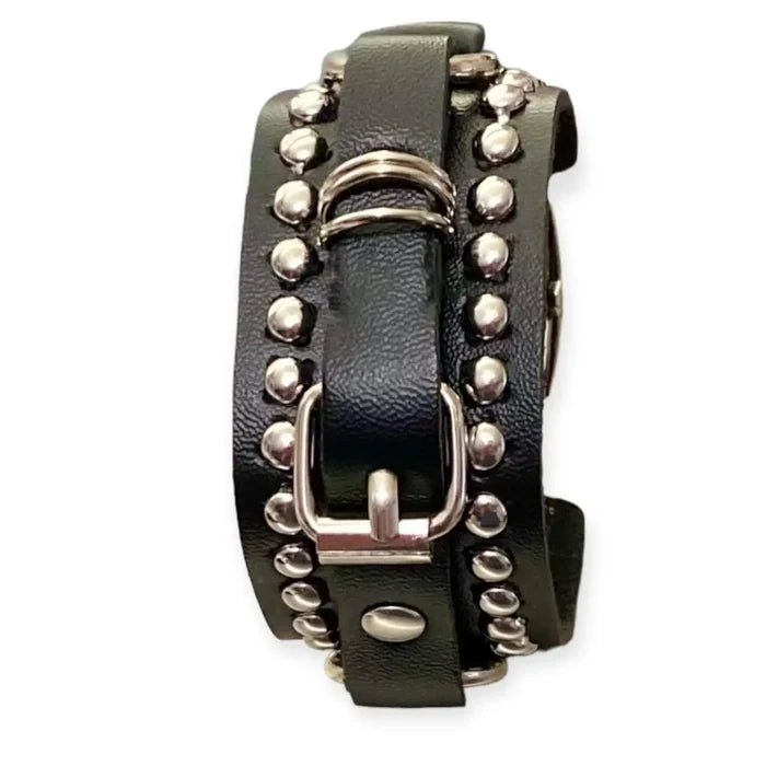 Black Leather Silver Studs Cuff Bracelet rivets, D-rings, and adjustable buckle, unisex