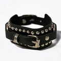 Black Leather Silver Studs Cuff Bracelet rivets, D-rings, and adjustable buckle, unisex