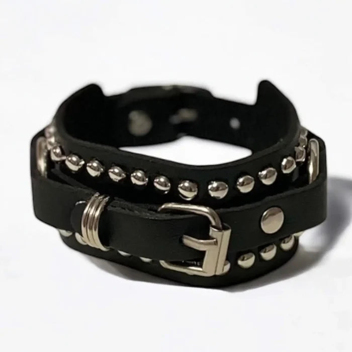 Black Leather Silver Studs Cuff Bracelet rivets, D-rings, and adjustable buckle, unisex