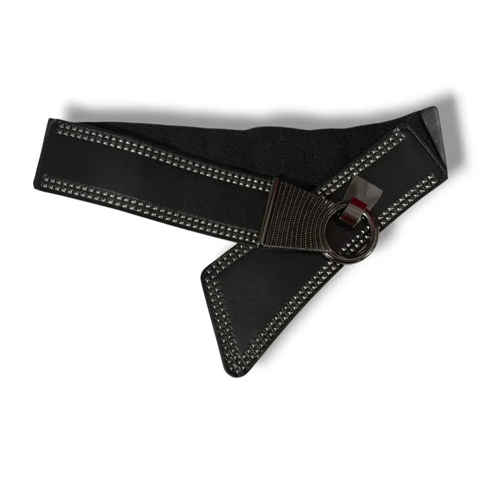 Black Leather Studded Waist Statement Belt with gunmetal studs, asymmetrical front, hook buckle, and elastic back panel flat lay