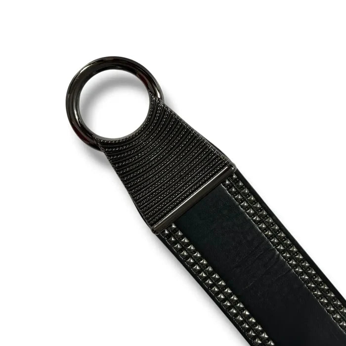 Black Leather Studded Waist Statement Belt with gunmetal studs, asymmetrical front, hook buckle, and elastic back panel metal ring flat lay
