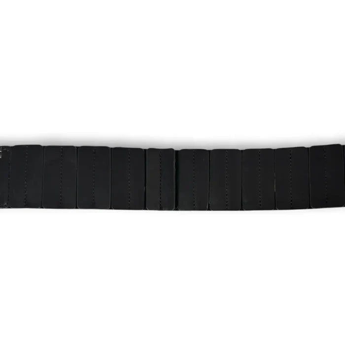 Black Leather Studded Waist Statement Belt with gunmetal studs, asymmetrical front, hook buckle, and elastic back panel