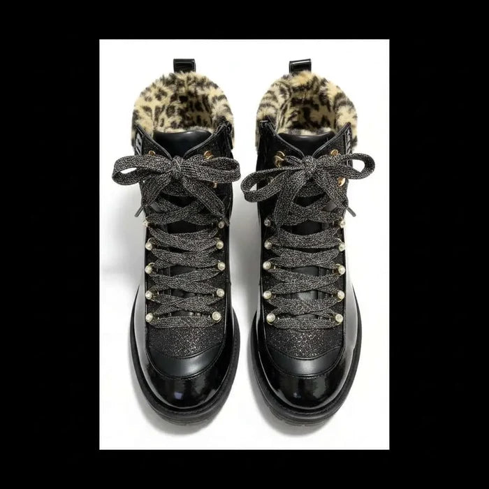 Black Leopard Fur Collar Hiker Boots - Juicy Couture Indulgence Black Patent Leopard Fur Hiker Boots Size 9.