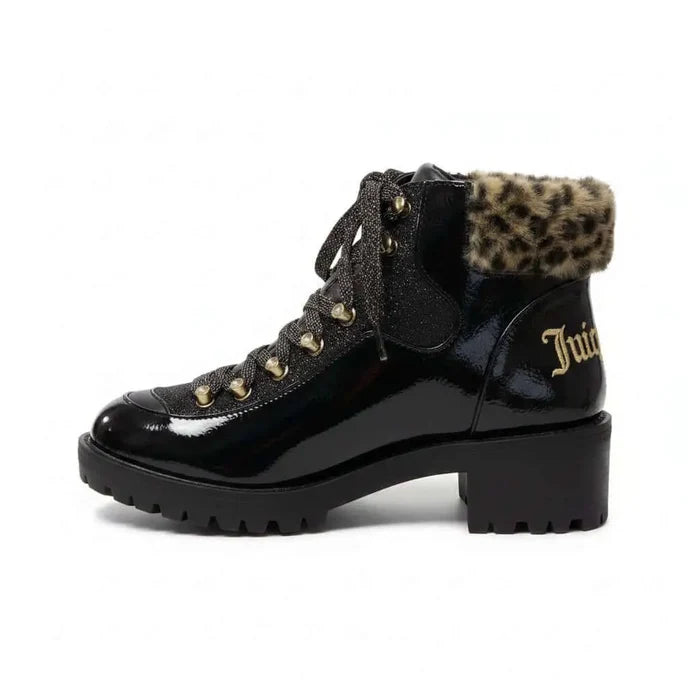 Black Leopard Fur Collar Hiker Boots  Juicy Couture Indulgence Black Patent Leopard Fur Hiker Boots Size 9.