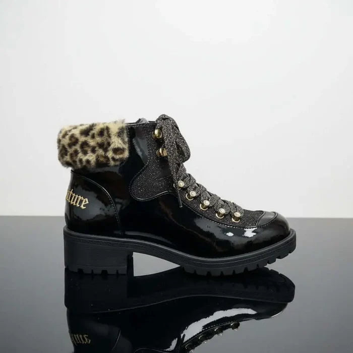 Black Leopard Fur Collar Hiker Boots  Juicy Couture Indulgence Black Patent Leopard Fur Hiker Boots Size 9.