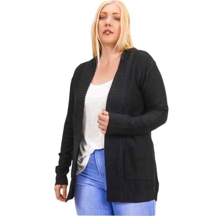 Black Lightweight Mid Length Knit Cardigan Sweater year round layering staple plus size
