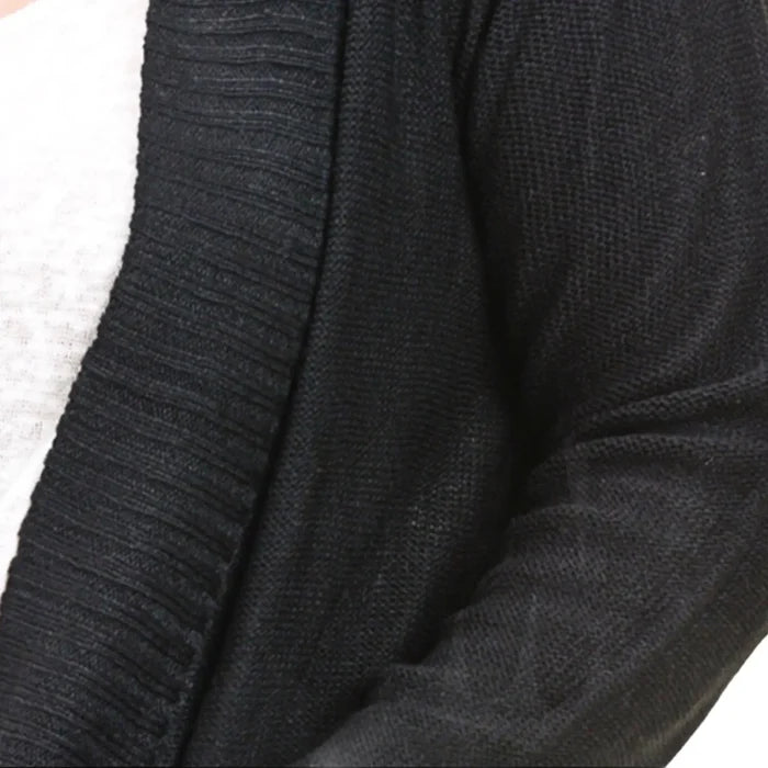 Black Lightweight Mid Length Knit Cardigan Sweater rib knit trim