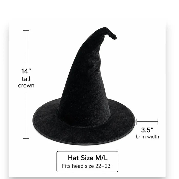 measurements of the Black Magic Velvet Witch Hat with 14 inch tall pointed crown, 3.5 inch flat brim, and soft black velvet texture