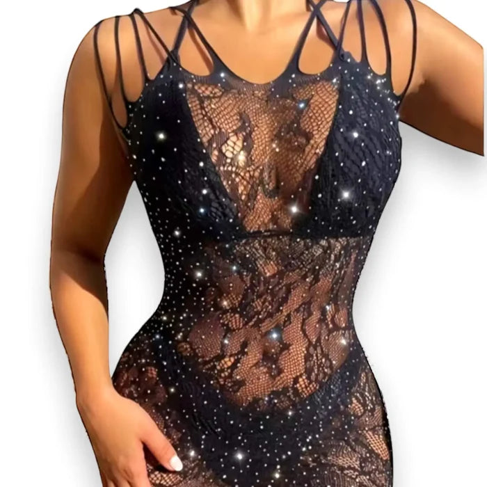 Black Mesh Sheer Slashed Sleeveless Mini Dress - Fishnet Lingerie Mini Dress / Black / One size - Mini Dress