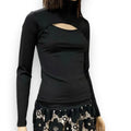 Black Mock Turtleneck Cut Out Ribbed Long Sleeve Top flattering slim fit lightweight shirt medium