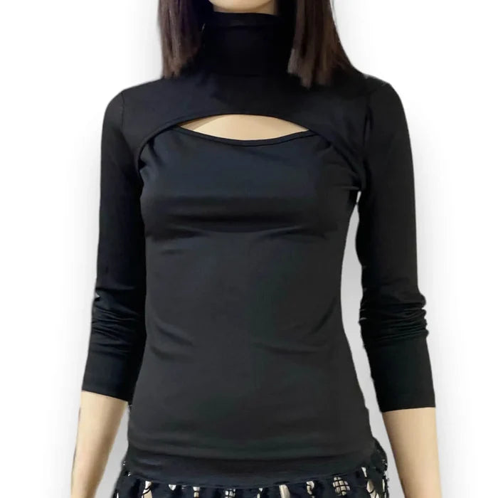 Black Mock Turtleneck Cut Out Ribbed Long Sleeve Top flattering slim fit lightweight shirt medium