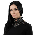 woman wearing with black top Black Multi Straps Studs Wide Collar Necklace osfm