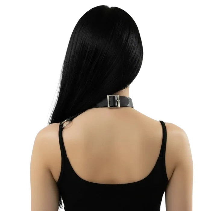 woman wearing with black top back view Black Multi Straps Studs Wide Collar Necklace osfm