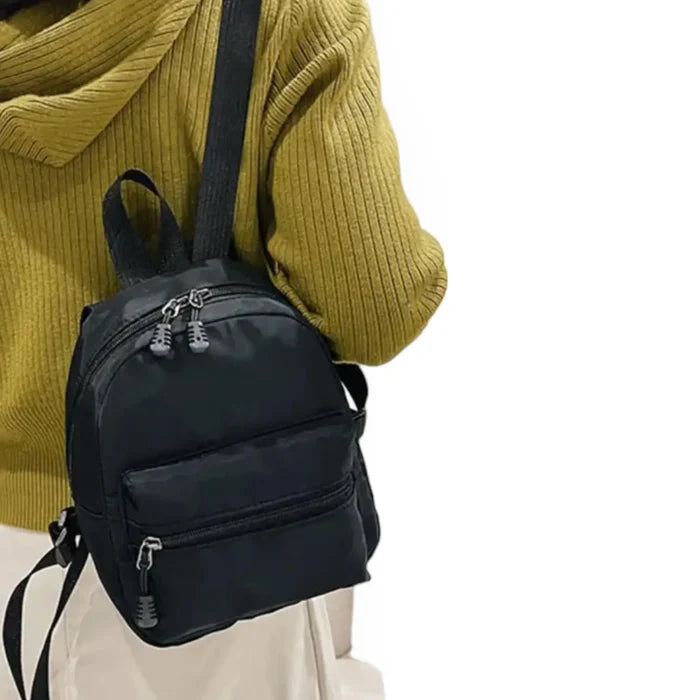 Black Nylon Mini Backpack Shoulder Bag adjustable straps two compartments zipper closure