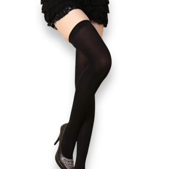Black opaque thigh high stockings – one size fits most for women from small to large
