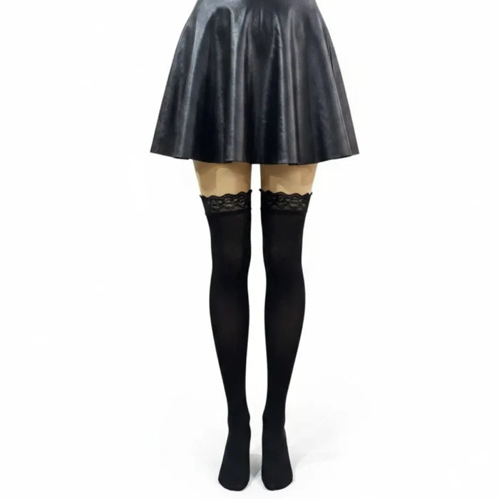 Black Opaque Thigh-High Stockings with ruffled lace tops and smooth full-coverage black finish