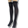Black Opaque Thigh-High Stockings with ruffled lace tops and smooth full-coverage black finish