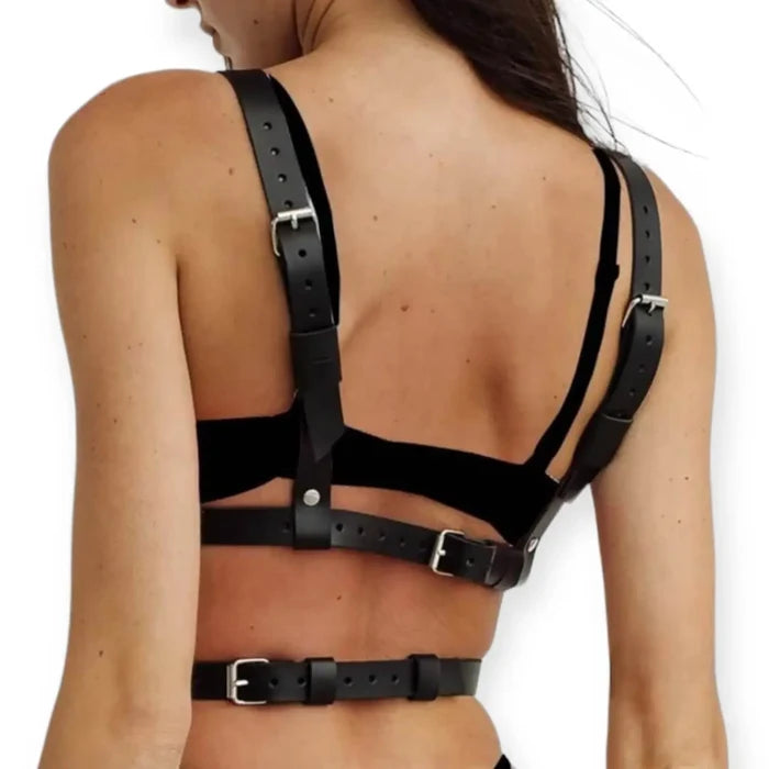 Black O-Rings Chest Harness Belt Woven Adjustable Shoulder Waist Straps Backside