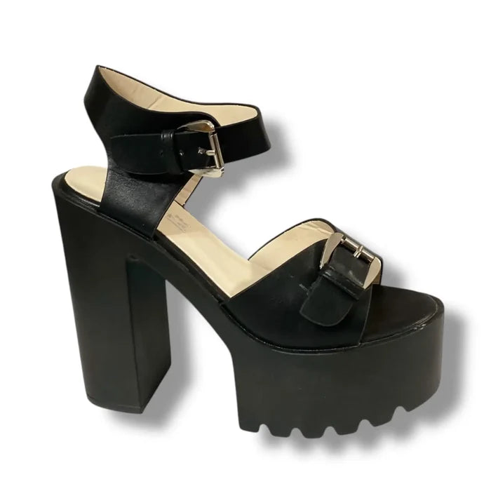 Black Open Toe Chunky Platform High Heels with silver buckle straps and lug platform sole/ Black  / 7 - Women’s Heels