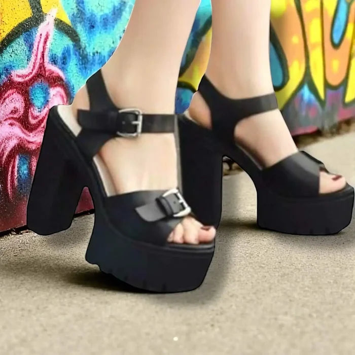 Black Open Toe Chunky Platform High Heels with silver buckle straps and lug platform sole/ Black  / 7 - Women’s Heels
