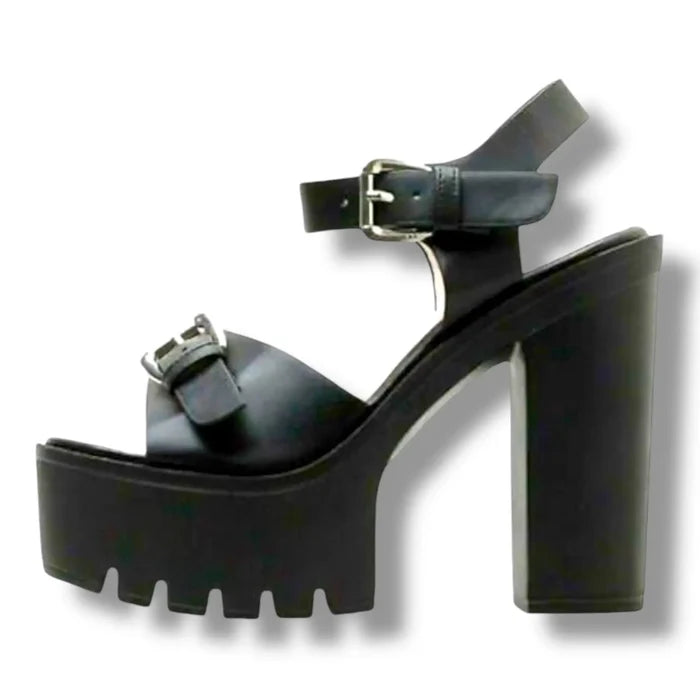 Black Open Toe Chunky Platform High Heels with silver buckle straps and lug platform sole/ Black  / 7 - Women’s Heels