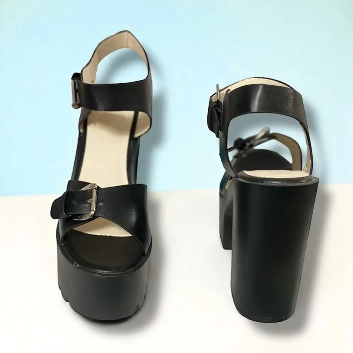 Black Open Toe Chunky Platform High Heels with silver buckle straps and lug platform sole/ Black  / 7 - Women’s Heels