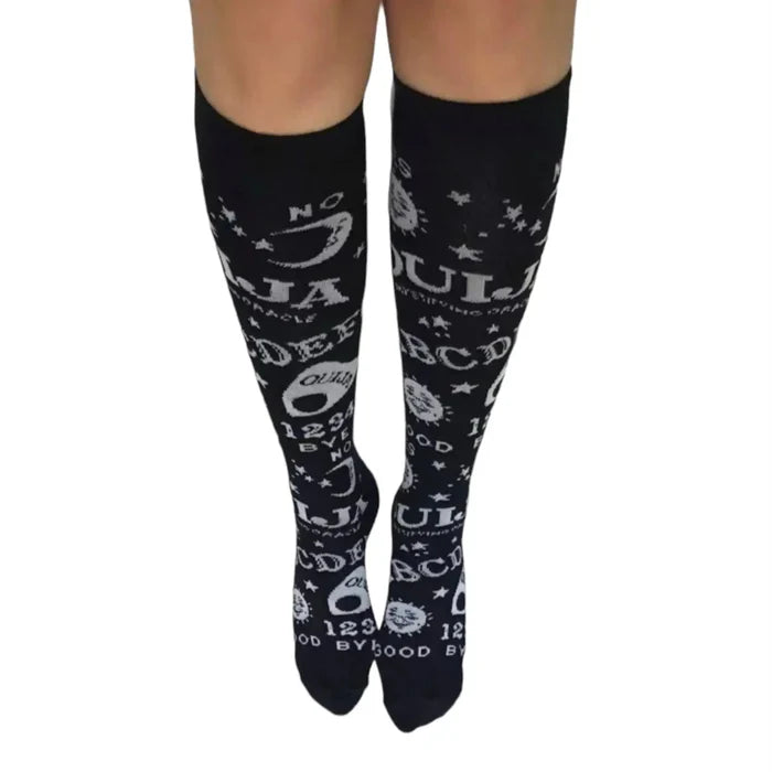 Black Ouija Board Knee High Socks with white spirit board graphics, celestial motifs, and gothic tall sock style
