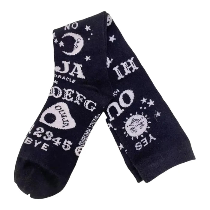 Black Ouija Board Knee High Socks with white spirit board graphics, celestial motifs, and gothic tall sock style