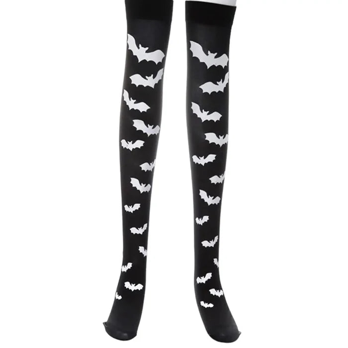 Black Over Knee Gothic Stocking Socks white graphic bat wings one size