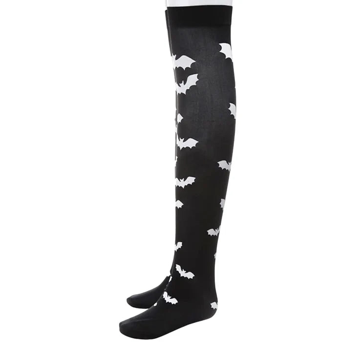 Black Over Knee Gothic Stocking Socks white graphic bat wings one size