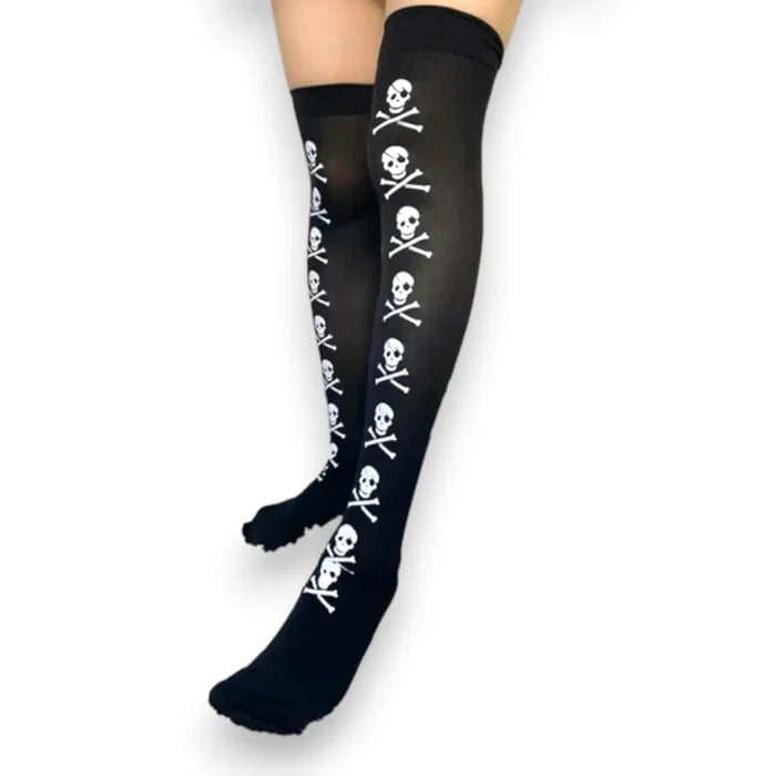 Black Over Knee Gothic Stocking Socks skull and crossbones print one size