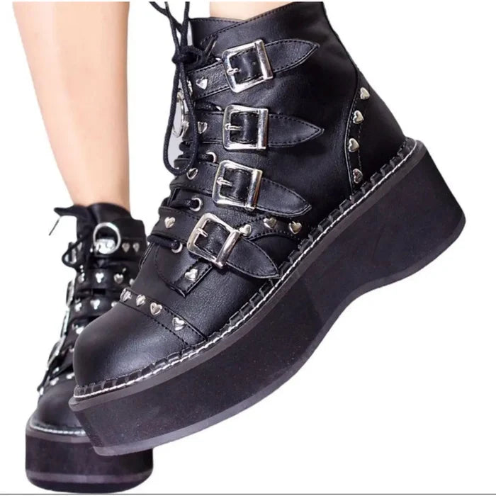 Black Patent Silver Hearts Platform Combat Boots