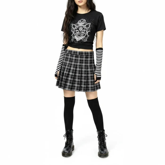 Black plaid pleated mini skirt with built-in shorts, tartan check pattern and side zipper closure