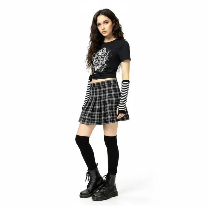 Black plaid pleated mini skirt with built-in shorts, tartan check pattern and side zipper closure