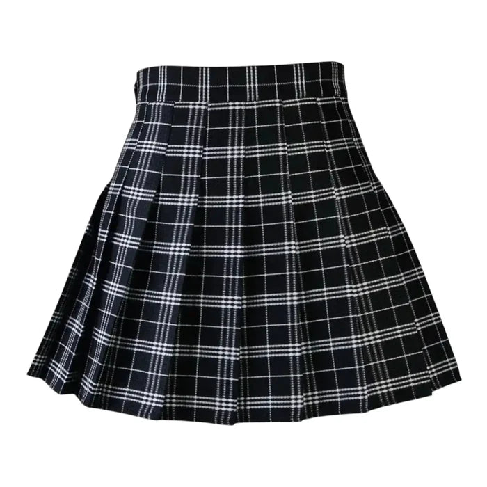 Black plaid pleated mini skirt with built-in shorts, tartan check pattern and side zipper closure