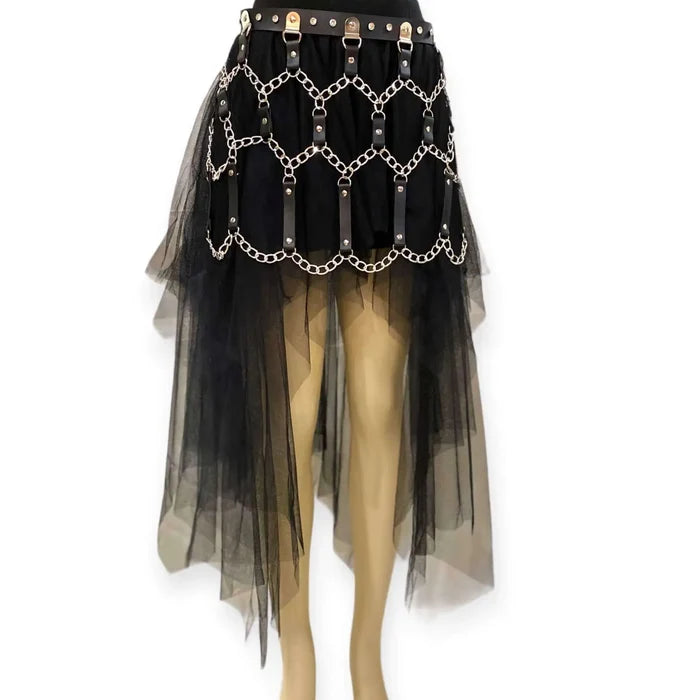 Black princess tulle high low maxi skirt with mesh layers, short liner, and dramatic sheer train – gothic, punk, Y2K, and coquette fashion