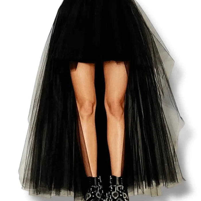 Black princess tulle high low maxi skirt with mesh layers, short liner, and dramatic sheer train – gothic, punk, Y2K, and coquette fashion