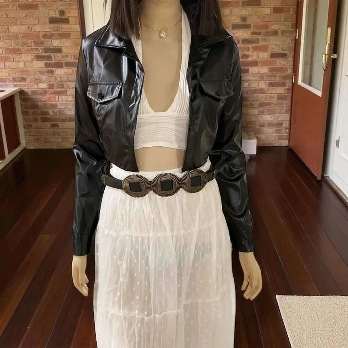 Black PU Button Cropped Jacket - Black / S/M / Faux leather - Cropped Jackets