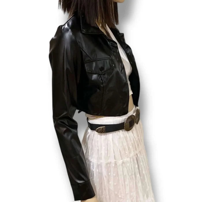 Black PU Button Cropped Jacket - Black / S/M / Faux leather - Cropped Jackets