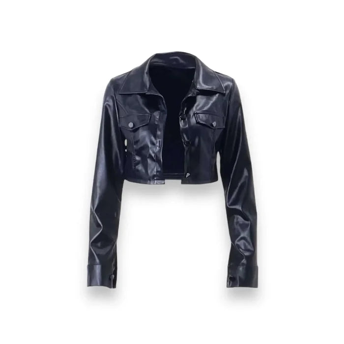 Women's Fitted Black PU Button Cropped Jacket
