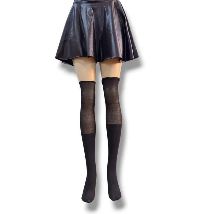 Black Ribbed Slouch Over-The-Knee Socks with ribbed lower leg, semi-sheer upper panel and raw-edge slouch finish