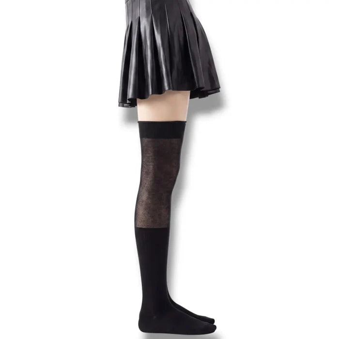 Black Ribbed Slouch Over-The-Knee Socks with ribbed lower leg, semi-sheer upper panel and raw-edge slouch finish
