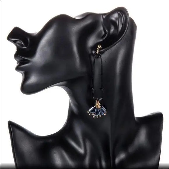 Black Safety Pin Seed Bead Tassel Earrings