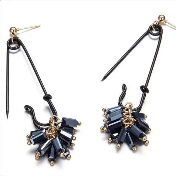 Black Safety Pin Seed Bead Tassel Earrings