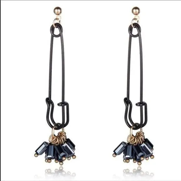 Black Safety Pin Seed Bead Tassel Earrings