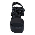 Women's Black Satin Platform Sandals Chunky Heel with spiky black crystals, double wide straps, open toe, and 3 inch block heel by CULT 7.5