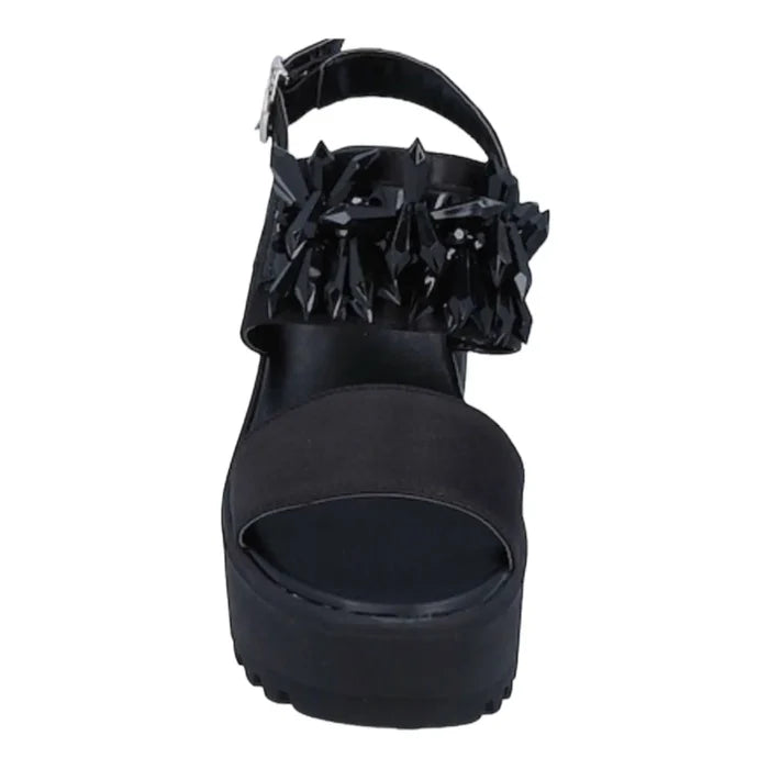 Women's Black Satin Platform Sandals Chunky Heel with spiky black crystals, double wide straps, open toe, and 3 inch block heel by CULT 7.5